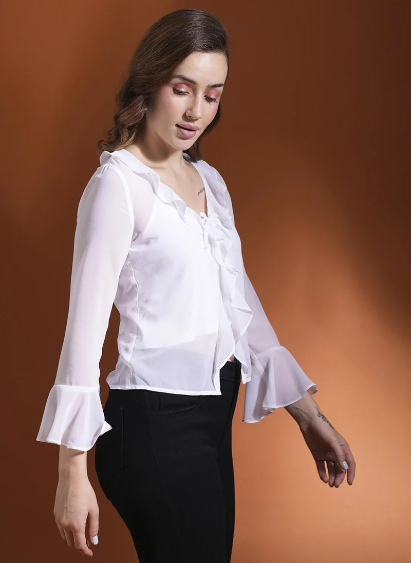 جلو باص بلوزة جلوبس نسائية بأكمام الجرس وكشكشة وربطة عنق