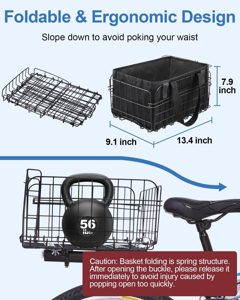 Zacro Bike Basket Rear Large Folding Metal Bicycle Ebike Basket, Quick Release Design for Adult Women/Men Carrying Dogs, Pets, Fruit & Grocery - Image 4