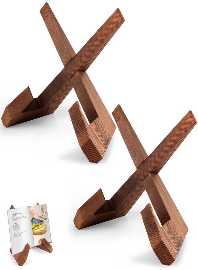 SAMEBUTECO Wooden Cookbook Stand 2 Packs, X Shape Recipe Book Holder for Kitchen Counter,Fastened Wood Display Stand Rustic Style Brown with Box - Image 1