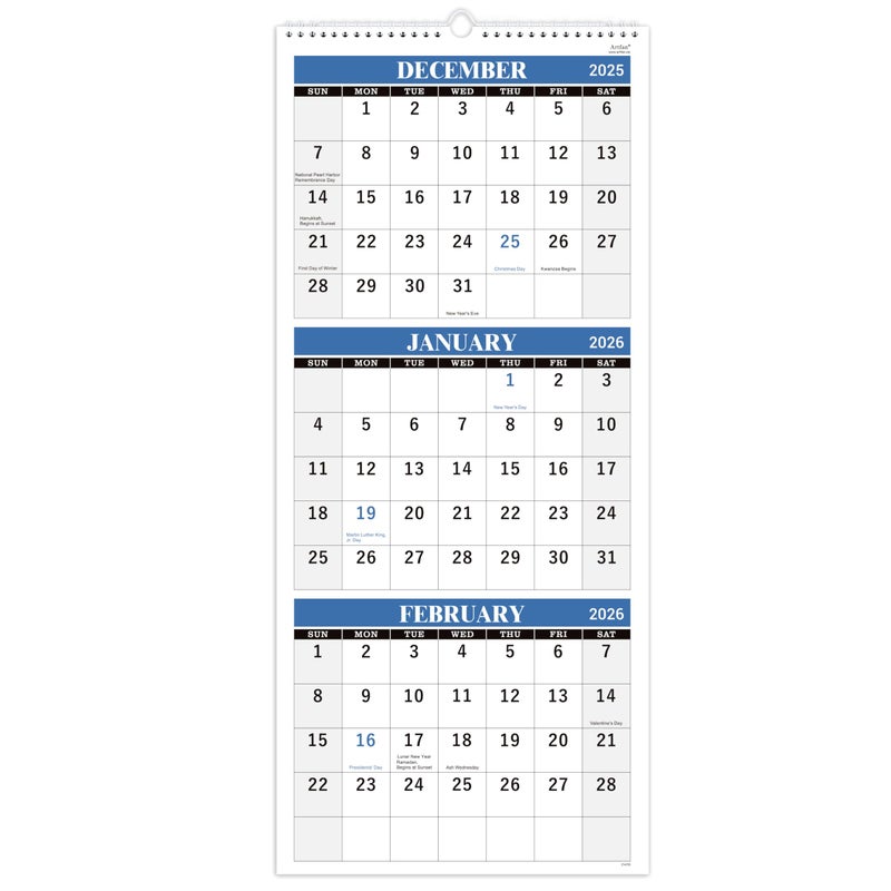 Artfan 2026 Wall Calendar - 3-Month Wall Calendar Display (Folded in a Month), January 2026 - December 2026, 11" x 26", 3 Month Calendar - Haze Blue - Image 1