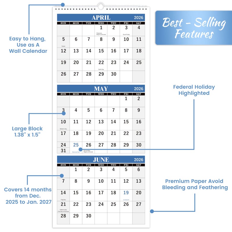 Artfan 2026 Wall Calendar - 3-Month Wall Calendar Display (Folded in a Month), January 2026 - December 2026, 11" x 26", 3 Month Calendar - Haze Blue - Image 4