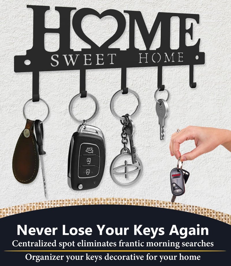 Conwithna Key Holder Hooks Organizer Hanger Rack Wall Mounted Sweet Home Metal Decor Stylish and Practical for Entryway Front Door Kitchen Hallway Garage Mudroom Office 9.8inches/25cm Hardward Included Black - Image 2