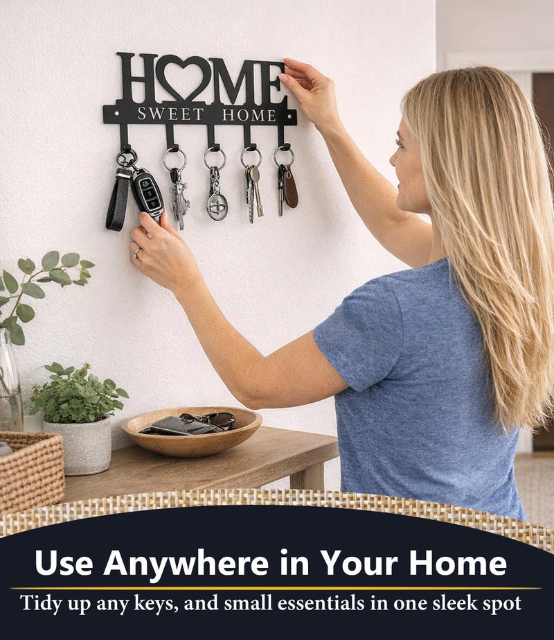 Conwithna Key Holder Hooks Organizer Hanger Rack Wall Mounted Sweet Home Metal Decor Stylish and Practical for Entryway Front Door Kitchen Hallway Garage Mudroom Office 9.8inches/25cm Hardward Included Black - Image 3