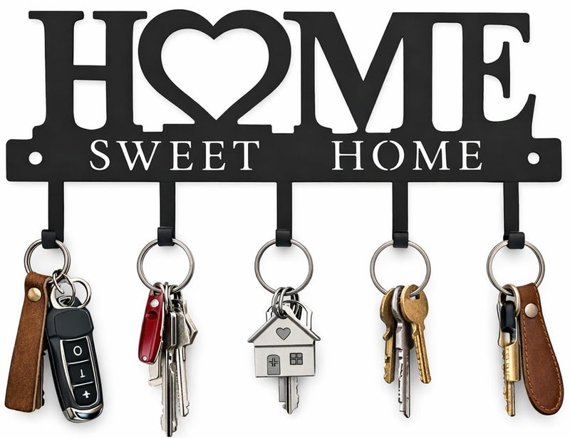 Conwithna Key Holder Hooks Organizer Hanger Rack Wall Mounted Sweet Home Metal Decor Stylish and Practical for Entryway Front Door Kitchen Hallway Garage Mudroom Office 9.8inches/25cm Hardward Included Black - Image 1