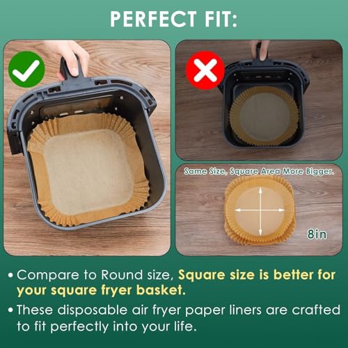 PRIMESKY® 100 PCS Air Fryer Paper Liners Fryer Sheet for Microwave Oil-Proof Parchment Paper Liners Disposable for Microwave, Non-Stick Paper Liner Square Free of Bleach (8 inch Square) - Image 4
