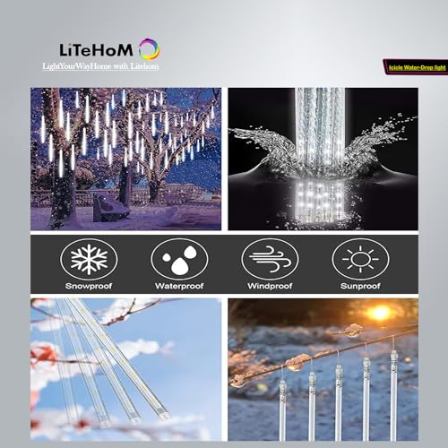 Litehom Rain Drop LED Meteor Shower 192 LEDs 8 Tubes (11.8") | Icicle Falling Effect for Diwali, Christmas, New Year, Home & Outdoor Decoration, Balcony, Tree, Party Decor (Cool White) - Image 4