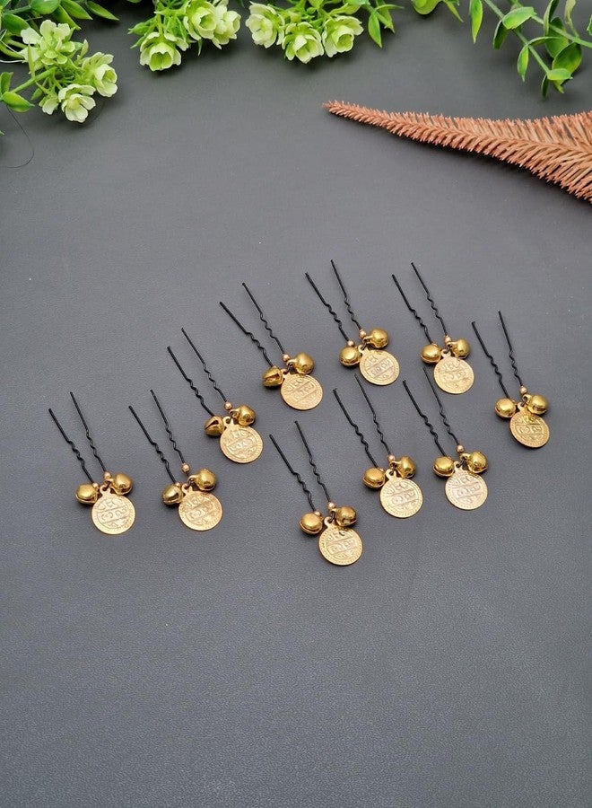 Twinsho Decorative Hair Pins with Gold Coin and Bells for Wedding, Traditional Bridal Hair Accessories for Women - Image 1
