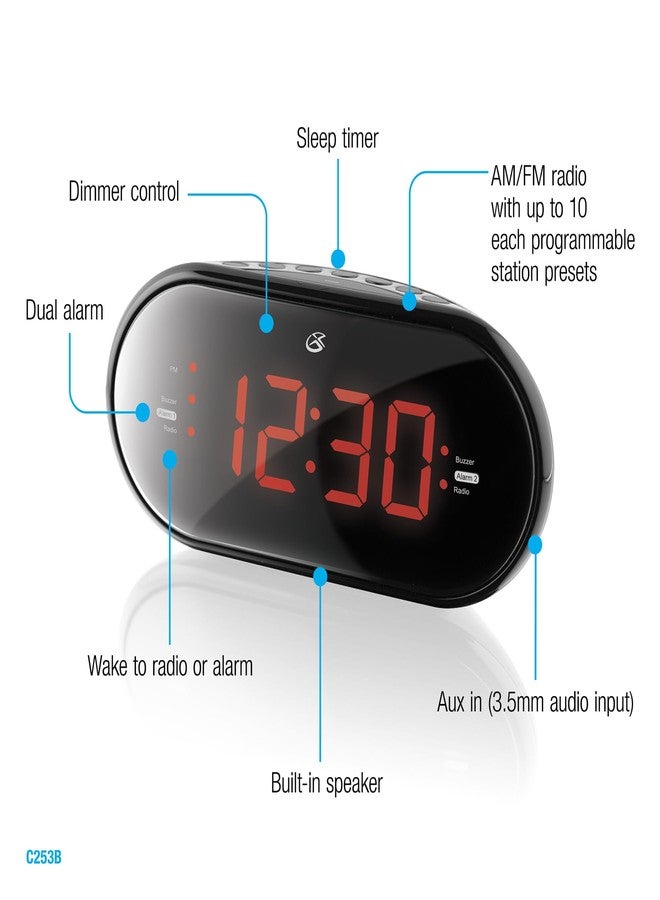 GPX C253B Dual Alarm Clock AM/FM Radio with 1.2-Inch Red LED Display (Black) - Image 2