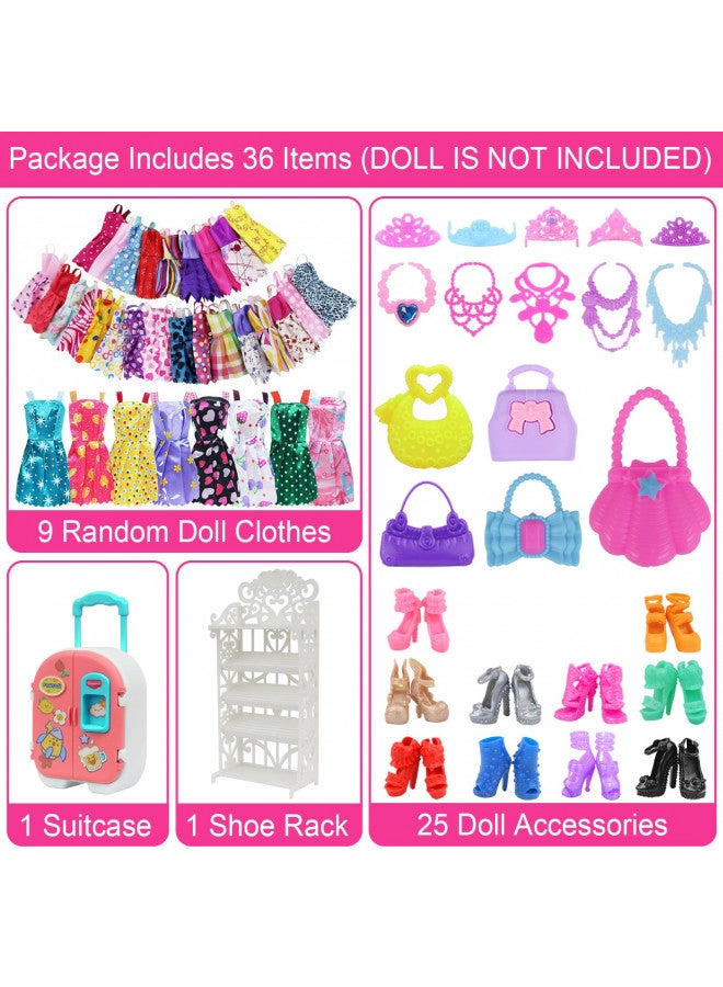 Ecore Fun 36 Pcs 11.5 inch Doll Clothes and Accessories Including Suitcase Shoes Rack Handbag Fashion Dresses Slip Dresses Top and Pants Sets Shoes Necklace Crown Perfect for Dolls - Image 1