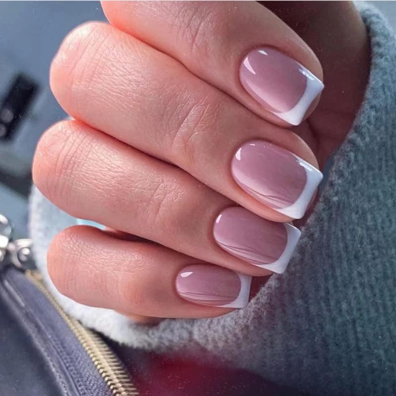 French False Nails Short Square White Tip StickOn 24pcs Strong PressOn With Glue Classic Elegant Design for Women Girls Short Square Pink