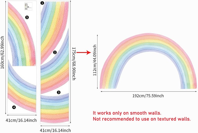 funlife Fabric Peel and Stick Large Rainbow Wall Mural Stickers, Precut Watercolor Rainbow Wall Sticker Decals for Kids Bedroom Living Room Playroom, 75.59" x 44.09" - Image 2