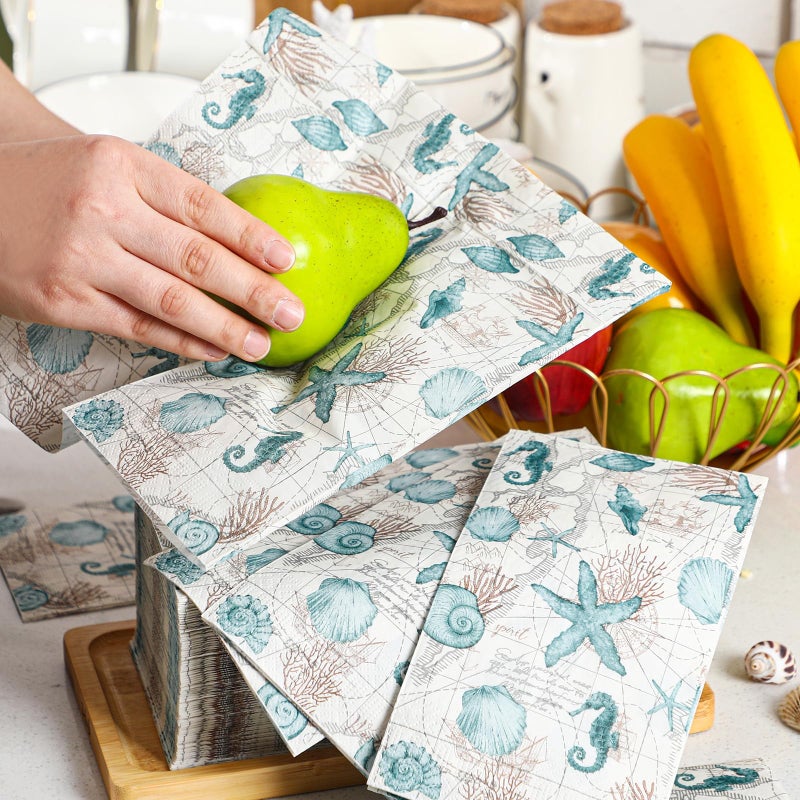 Moinchore 200 Pieces Summer Paper Hand Towels for Bathroom Beach Guest Napkins Seahorse Shell Conch Starfish Decorative Paper Napkins Nautical Disposable Hand Towels for Baby Shower Party Supplies - Image 3