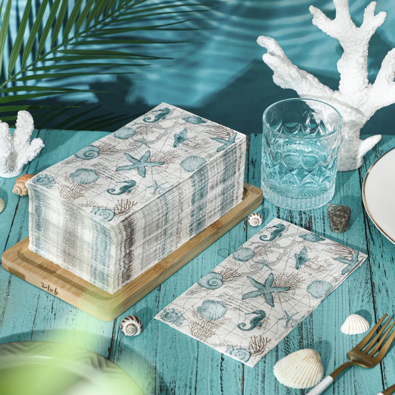 Moinchore 200 Pieces Summer Paper Hand Towels for Bathroom Beach Guest Napkins Seahorse Shell Conch Starfish Decorative Paper Napkins Nautical Disposable Hand Towels for Baby Shower Party Supplies - Image 2