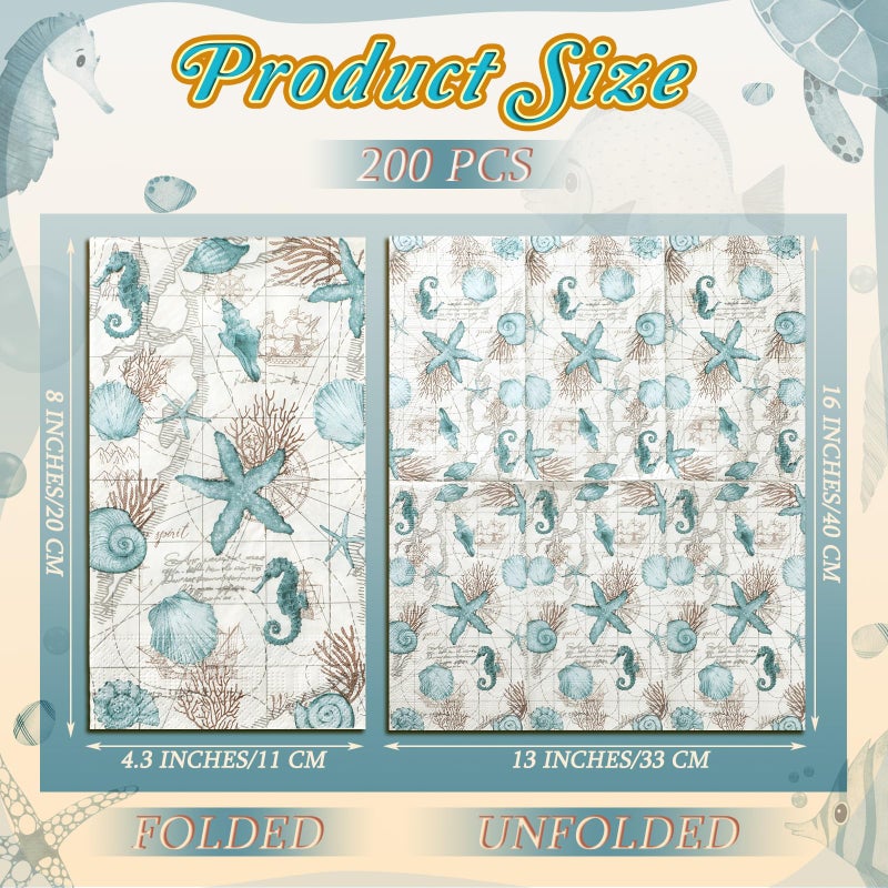 Moinchore 200 Pieces Summer Paper Hand Towels for Bathroom Beach Guest Napkins Seahorse Shell Conch Starfish Decorative Paper Napkins Nautical Disposable Hand Towels for Baby Shower Party Supplies - Image 1