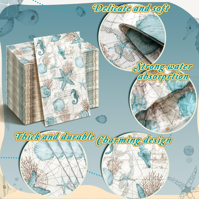 Moinchore 200 Pieces Summer Paper Hand Towels for Bathroom Beach Guest Napkins Seahorse Shell Conch Starfish Decorative Paper Napkins Nautical Disposable Hand Towels for Baby Shower Party Supplies - Image 4