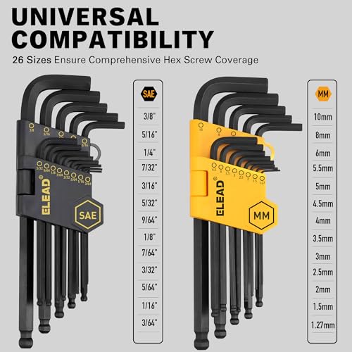 ELEAD Allen Wrench Hex Key Set: Premium 27pcs Durable Hex Key Set with Grip Handle, Long and Short Arm with Ball End, Metric & SAE Size Allen Key Set, Organized Storage - Image 2