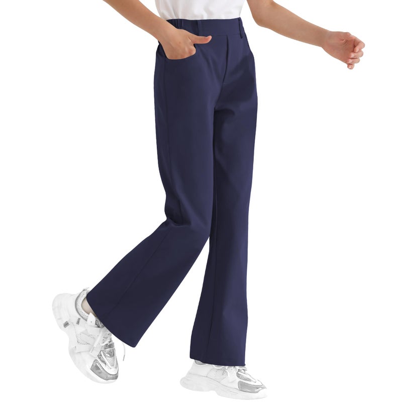 Dreammonkey Girls Flare Dress Pants Kids Bootcut School Uniform Slacks with Half Elastic Waist Size 6-15 Yearsï¼ˆNavy 14-15yearsï¼‰ - Image 1