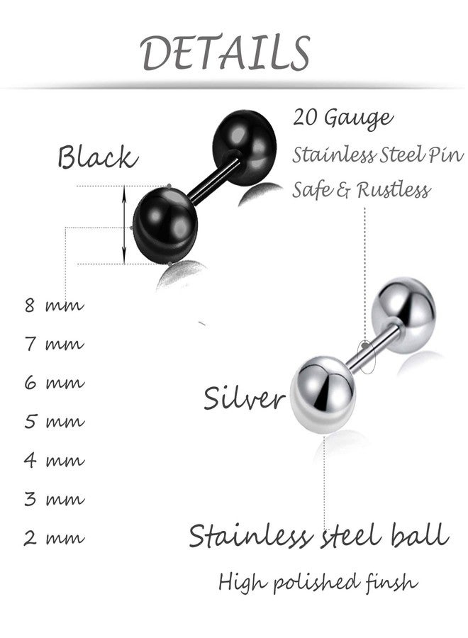 تورنيتو أقراط تورنيتو، 14 زوجًا، من الفولاذ المقاوم للصدأ، بتصميم كروي، مناسبة لثقب غضروف الأذن، والزنمة، والحلزون، للرجال والنساء، مقاس 2-8 مم، باللونين الفضي والأسود. - Image 3