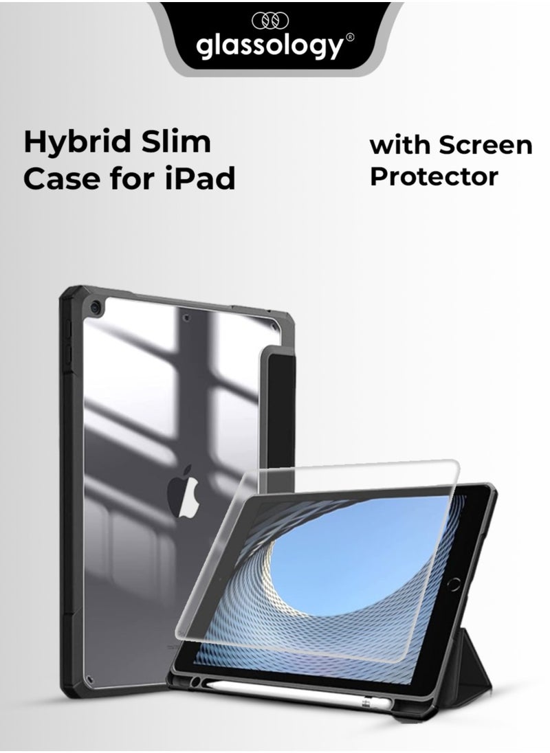 glassology - Hybrid Slim Case for iPad 9th/8th/7th Generation 2021/2020/2019 10.2/10.5 Inch Built-in Pencil Holder Shockproof Cover with Clear Transparent Back Shell with Screen Protector (Black) - Image 1
