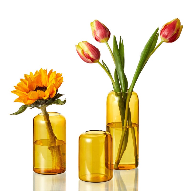 ZENS Glass Bud Vase Set of 3, Hand Blown Small Amber Bud Vases for Flower Decorative, Modern Cylinder Clear Glass Vase for Wedding,Living Room Home DÃ©cor - Image 1