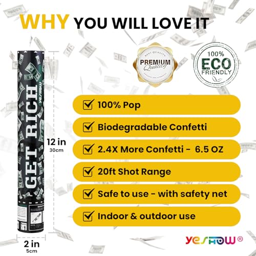 YESHOW Confetti Cannon Party Poppers Biodegradable Shooters,(6 Pack) YESHOW Money Confetti Gun Blaster for New Year’s Eve Party Supplies Graduation Christmas Birthday - Image 3
