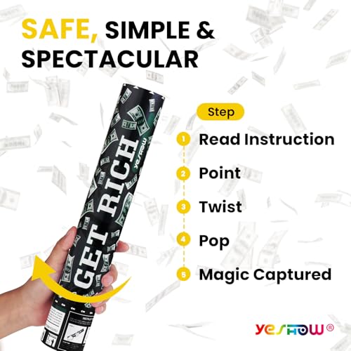 YESHOW Confetti Cannon Party Poppers Biodegradable Shooters,(6 Pack) YESHOW Money Confetti Gun Blaster for New Year’s Eve Party Supplies Graduation Christmas Birthday - Image 2