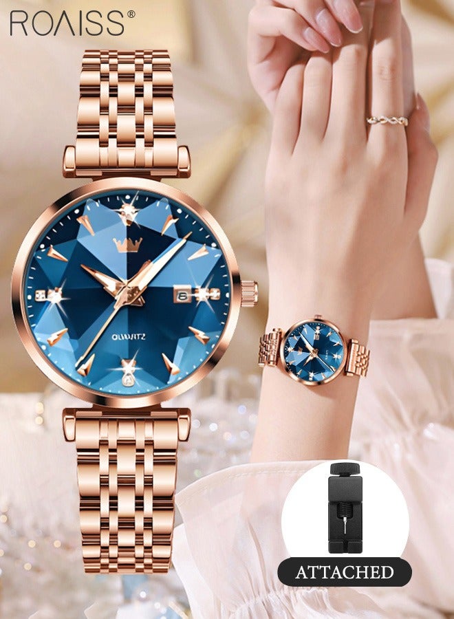 رويس ساعة كوارتز نسائية بسوار فولاذي، ساعة ذات قرص أزرق مستدير مع مرآة قطع ماسية، ساعة فاخرة مقاومة للماء كهدية للسيدات - Image 1