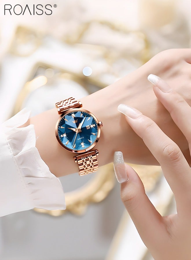 رويس ساعة كوارتز نسائية بسوار فولاذي، ساعة ذات قرص أزرق مستدير مع مرآة قطع ماسية، ساعة فاخرة مقاومة للماء كهدية للسيدات - Image 2