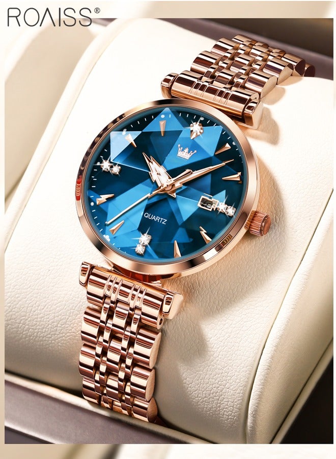 رويس ساعة كوارتز نسائية بسوار فولاذي، ساعة ذات قرص أزرق مستدير مع مرآة قطع ماسية، ساعة فاخرة مقاومة للماء كهدية للسيدات - Image 3