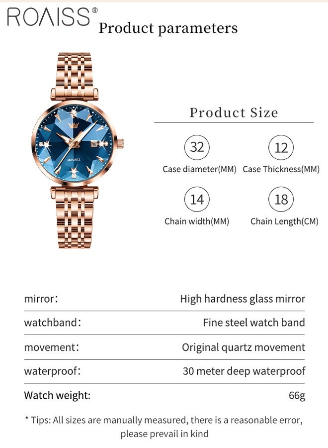 رويس ساعة كوارتز نسائية بسوار فولاذي، ساعة ذات قرص أزرق مستدير مع مرآة قطع ماسية، ساعة فاخرة مقاومة للماء كهدية للسيدات - Image 4