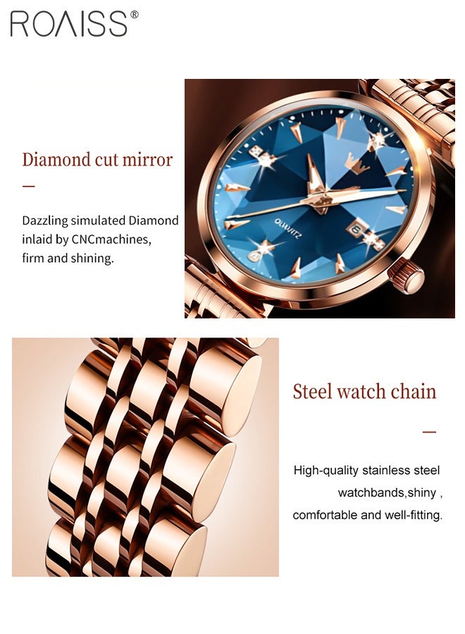 رويس ساعة كوارتز نسائية بسوار فولاذي، ساعة ذات قرص أزرق مستدير مع مرآة قطع ماسية، ساعة فاخرة مقاومة للماء كهدية للسيدات - Image 5