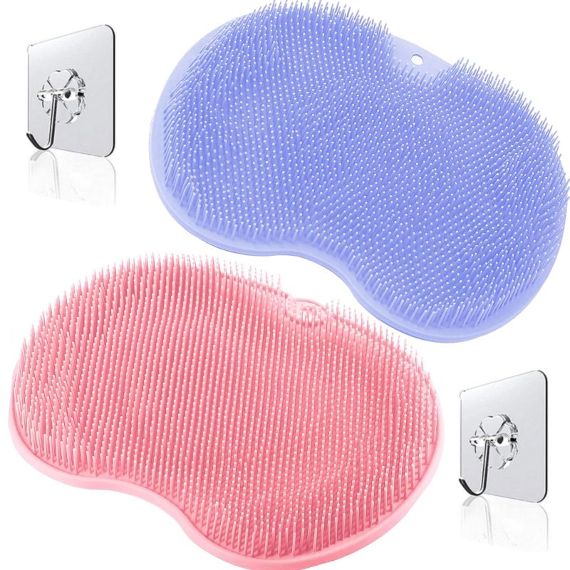 Shower Foot Scrubber Mat: 11.8 X 9 X 1.1Inch Pink + Blue, Over 1000 Massage Bristles - Non-Slip Suction Cup Back, Wall-Mountable Hook Design for Home Bathroom, Athletes, Kids, Elders - Image 1
