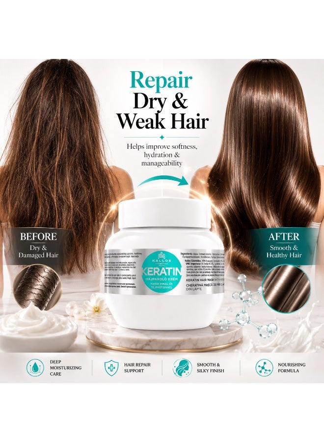 KALLOS Keratin Hair Mask with Keratin & Milk Protein 275ml – Repair Hair Mask for Damaged Hair - Image 3
