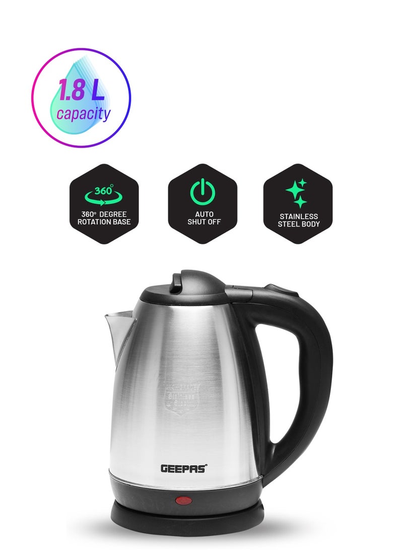GEEPAS Electric Tea Kettle 1.8 L, Auto Shut Off And Boil Dry Protection, Safety Lock Lid, 360 Degree Rotational Base, Stainless Steel, Ergonomic Handle, Perfect Pour, Large Capacity 1.8 L 1500 W GK5454B Silver/Black - Image 1