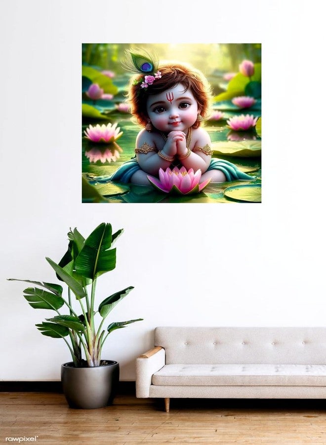Sky Flying Baby Krishna With Flower Pink And Feather Wall Poster (K18_NW_25) Living Room, Pooja Room, KIds Room (Size - 46CM X 46CM) - Image 3