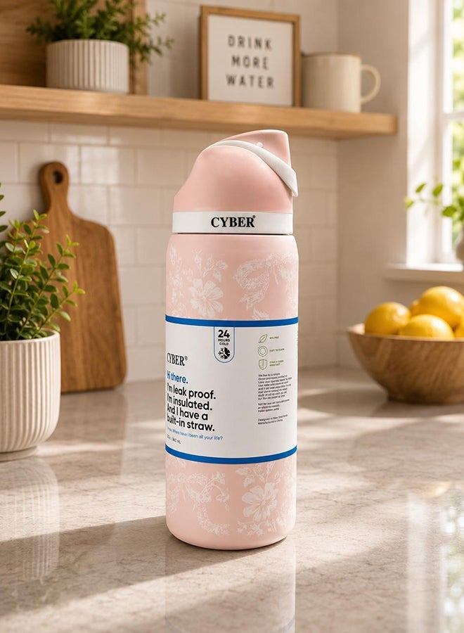 Cyber 32oz Insulated Stainless Steel Water Bottle with Straw - Pink - Image 1