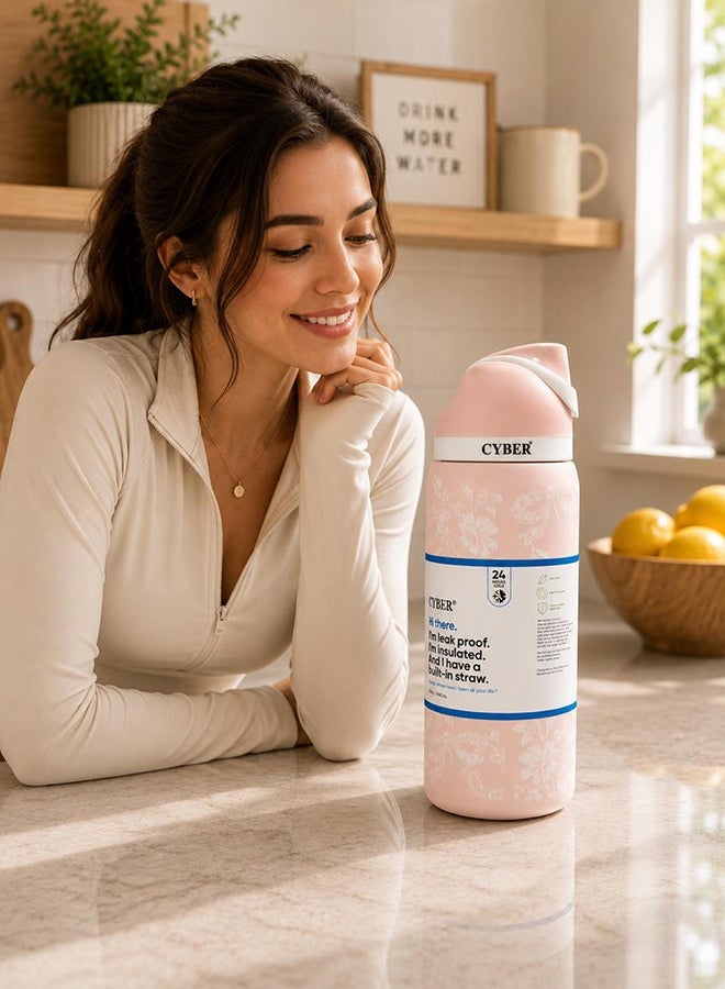Cyber 32oz Insulated Stainless Steel Water Bottle with Straw - Pink - Image 3