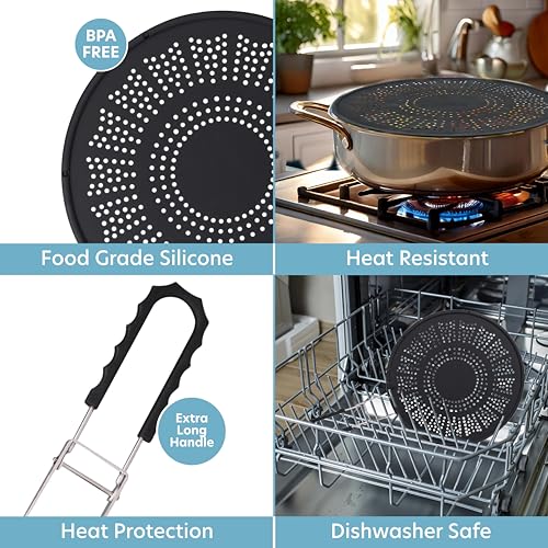 CucinaPro XL 11.5" Silicone Splatter Screen Shield- Multi Use Pan Cover with Foldable Handle & Built in Water Strainer- Protect from Oil, Grease with Shield Guard- Fits Most Kitchen Frying Pans, Heat Resistant - Image 3