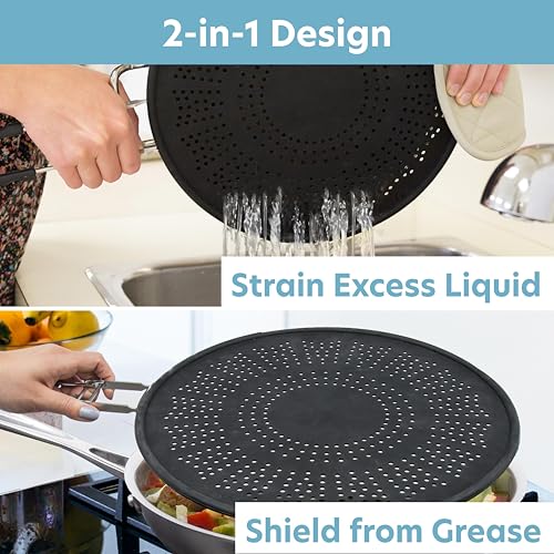 CucinaPro XL 11.5" Silicone Splatter Screen Shield- Multi Use Pan Cover with Foldable Handle & Built in Water Strainer- Protect from Oil, Grease with Shield Guard- Fits Most Kitchen Frying Pans, Heat Resistant - Image 2