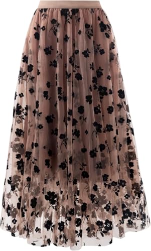 Reaowazo Skirts for Women Midi Long Length Dressy Casual Trendy Summer Tulle A-Line Floral High Waist Skirt Khaki S-M - Image 1