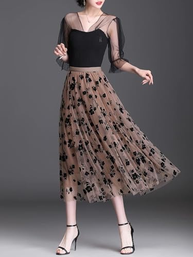 Reaowazo Skirts for Women Midi Long Length Dressy Casual Trendy Summer Tulle A-Line Floral High Waist Skirt Khaki S-M - Image 2