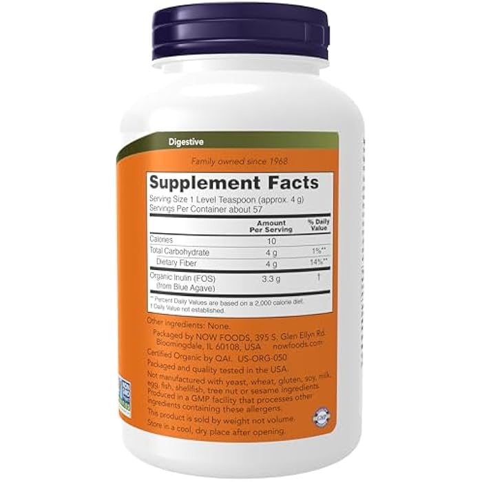 now Supplements, Inulin Prebiotic Pure Powder, Certified Organic, Non-GMO Project Verified, Intestinal Support*, 8-Ounce - Image 2