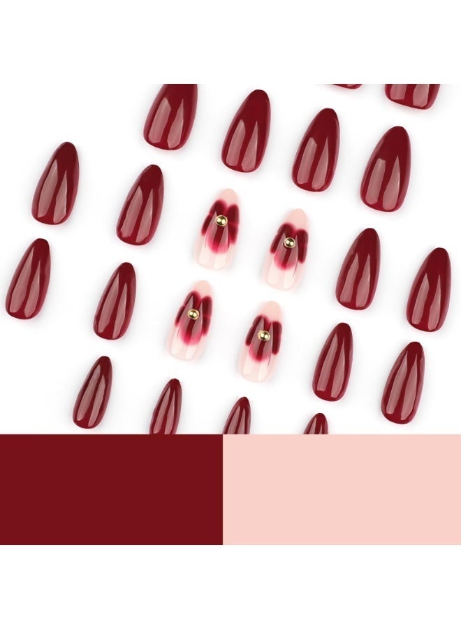 GlamKit 24-Pieces Dark Red Almond Press on Nails Short Medium Fake Nails with Glue Reusable Flower False Nails Kit Acrylic Nails Press ons Red Almond Nails for Women - Image 5