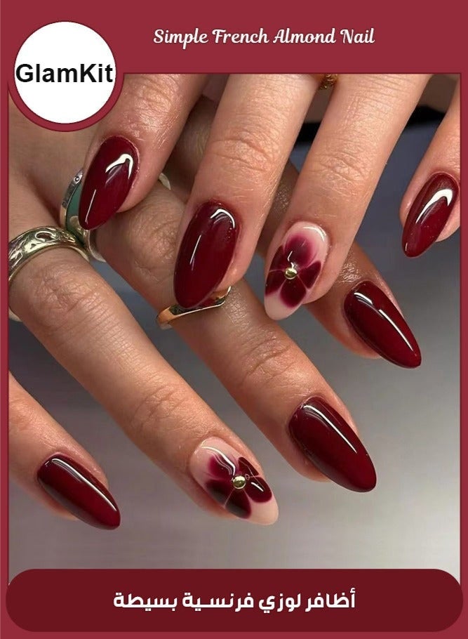 GlamKit 24-Pieces Dark Red Almond Press on Nails Short Medium Fake Nails with Glue Reusable Flower False Nails Kit Acrylic Nails Press ons Red Almond Nails for Women - Image 1