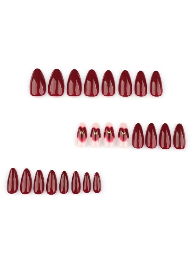 GlamKit 24-Pieces Dark Red Almond Press on Nails Short Medium Fake Nails with Glue Reusable Flower False Nails Kit Acrylic Nails Press ons Red Almond Nails for Women - Image 2