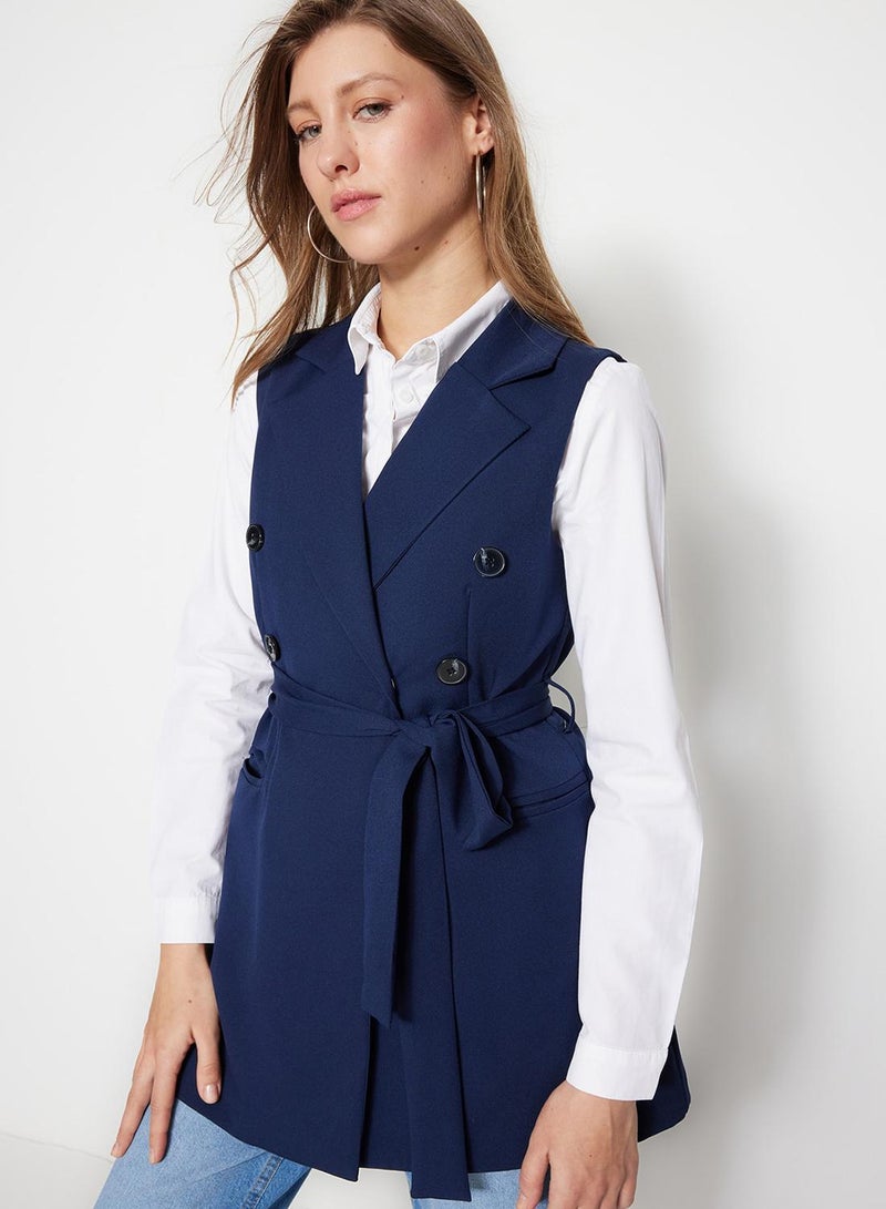 trendyol Navy Woven Lined Vest with Waist Tie-Detail - Image 1