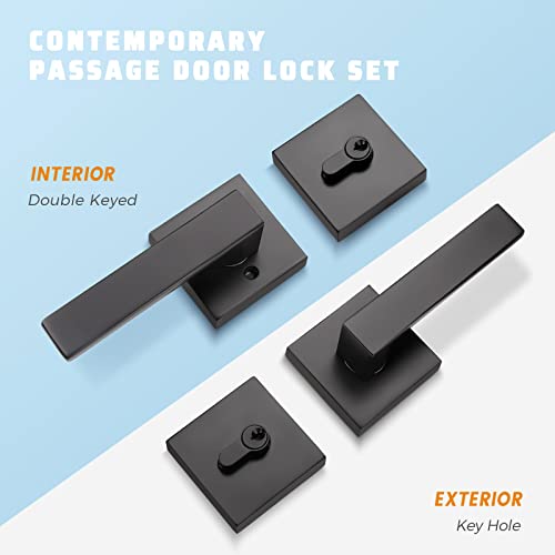 KNOBWELL 1 Pack Passage Exterior Door Handle with Double Cylinder Deadbolt, Heavy Duty Black Door Lever and Deadbolt Lock Set for Front Door or Office, Keyed Alike Lever Door Handle with Deadbolt - Image 2