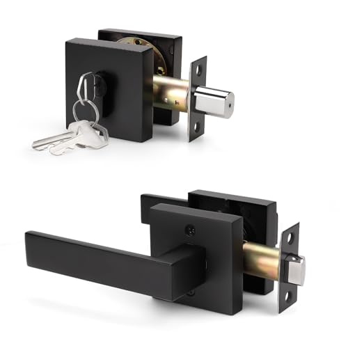 KNOBWELL 1 Pack Passage Exterior Door Handle with Double Cylinder Deadbolt, Heavy Duty Black Door Lever and Deadbolt Lock Set for Front Door or Office, Keyed Alike Lever Door Handle with Deadbolt - Image 1