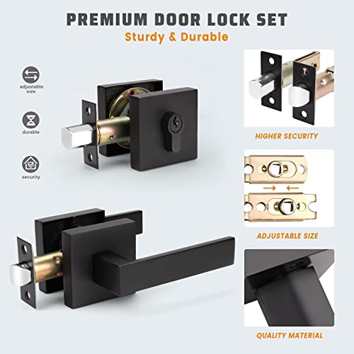 KNOBWELL 1 Pack Passage Exterior Door Handle with Double Cylinder Deadbolt, Heavy Duty Black Door Lever and Deadbolt Lock Set for Front Door or Office, Keyed Alike Lever Door Handle with Deadbolt - Image 4