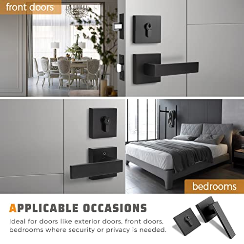 KNOBWELL 1 Pack Passage Exterior Door Handle with Double Cylinder Deadbolt, Heavy Duty Black Door Lever and Deadbolt Lock Set for Front Door or Office, Keyed Alike Lever Door Handle with Deadbolt - Image 3